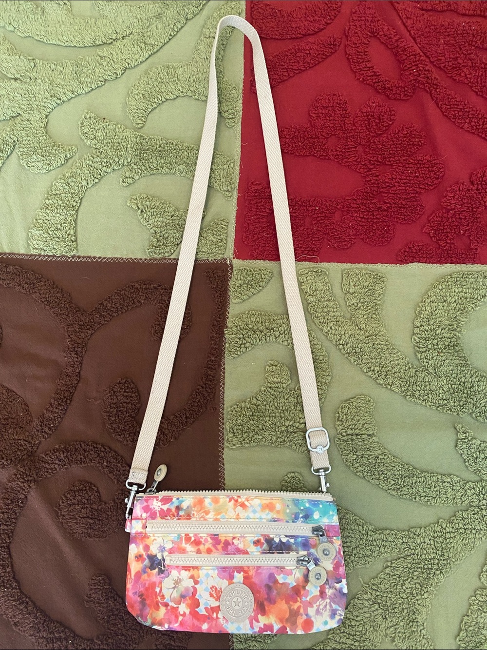 Kipling Multicolor Floral Crossbody with Cream Strap no charm.